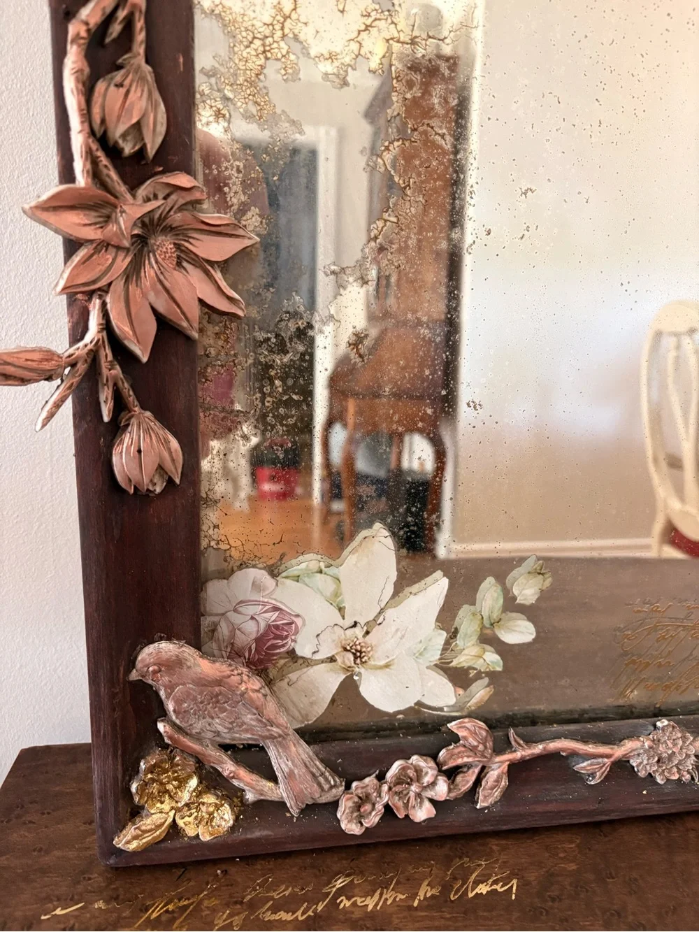 Ornate Floral & Bird Accent Wall Mirror with copper and gold accents